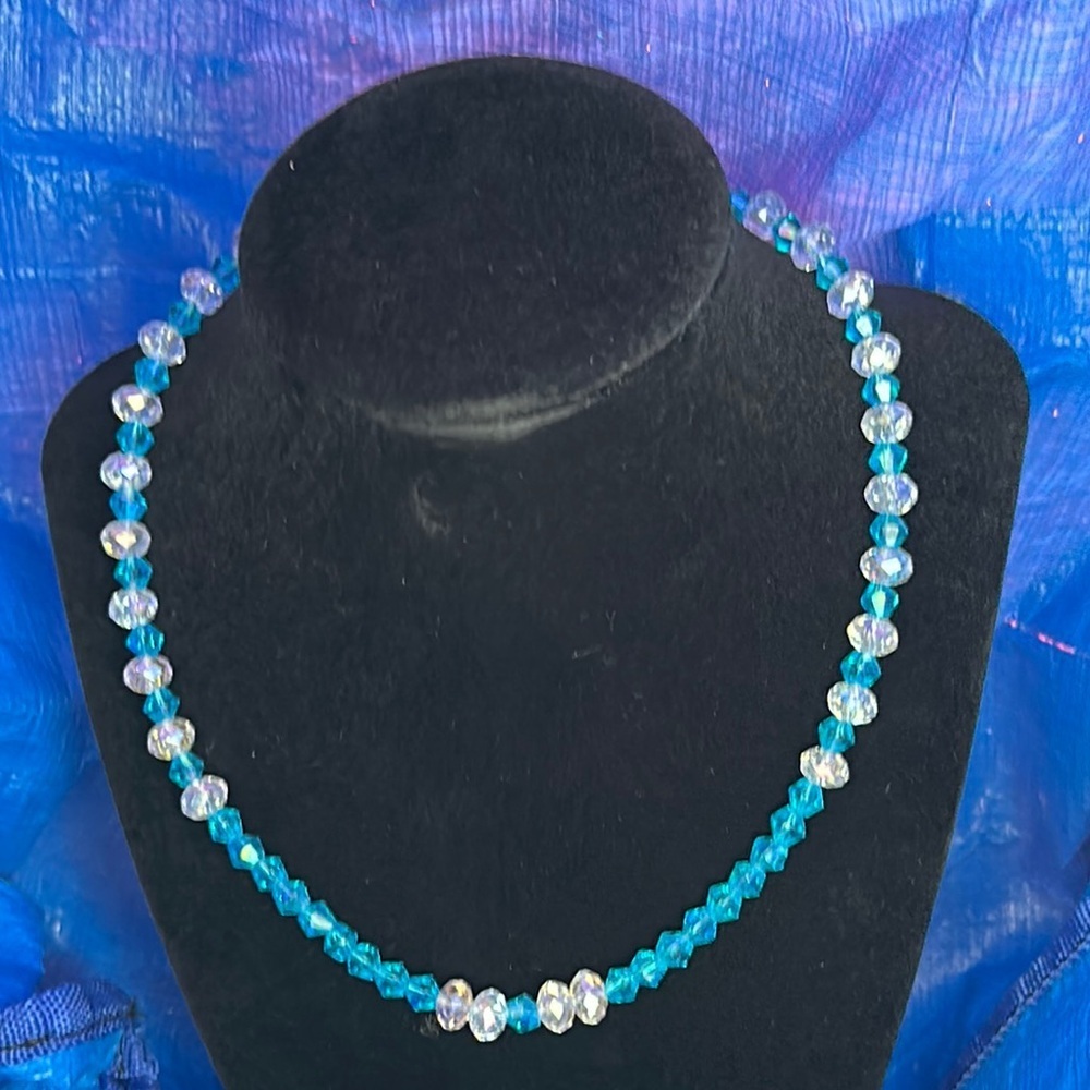 Elegant Blue & Clear Colored Crystal Silver Closure Necklace 16”